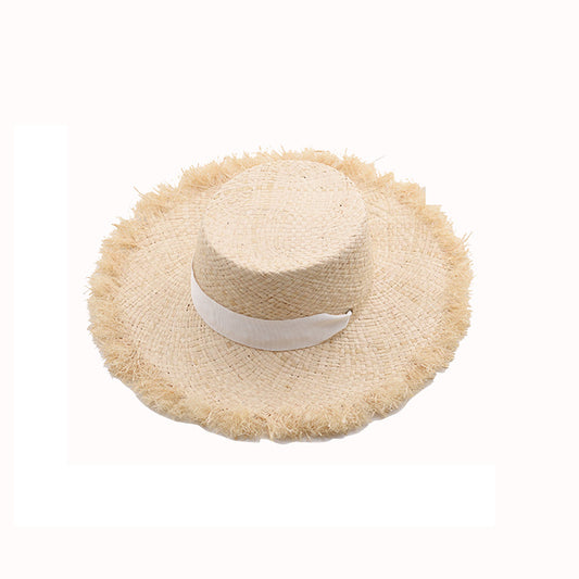 Raffia Tie Flat Top Frayed Straw Hat