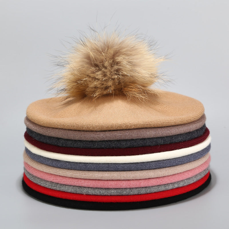 Ins Hat New Real Hair Ball Beret Women