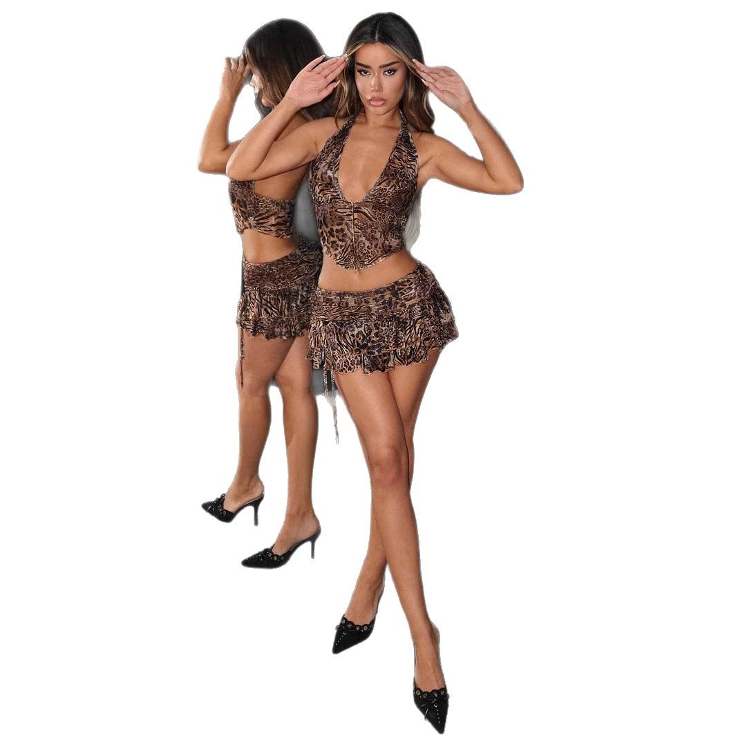 Womens Halterneck Backless Leopard-Print Tank Top And Low-Rise Skirt Set
