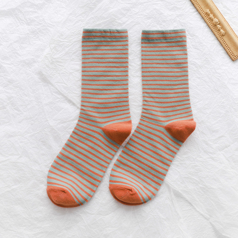 New Japanese Striped Fashion Ladies Mid Tube Socks