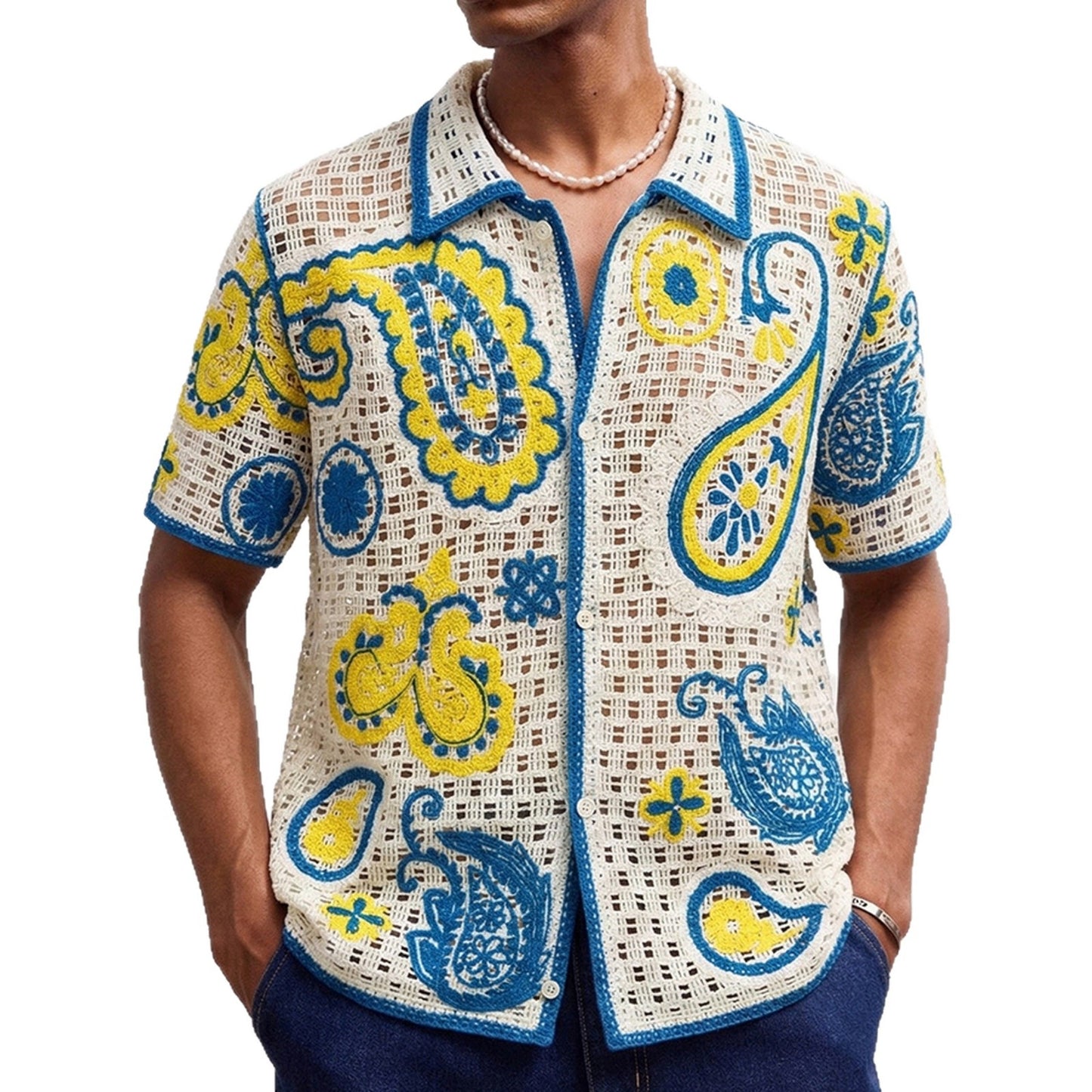 Retro Etnisk-Stil Hæklet Hulstrikket Cardigan Polo til Mænd