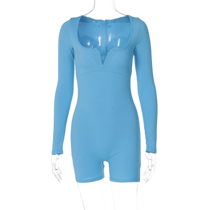 Women's Fashion Solid Color Slim U-neck Long-sleeved Jumpsuit