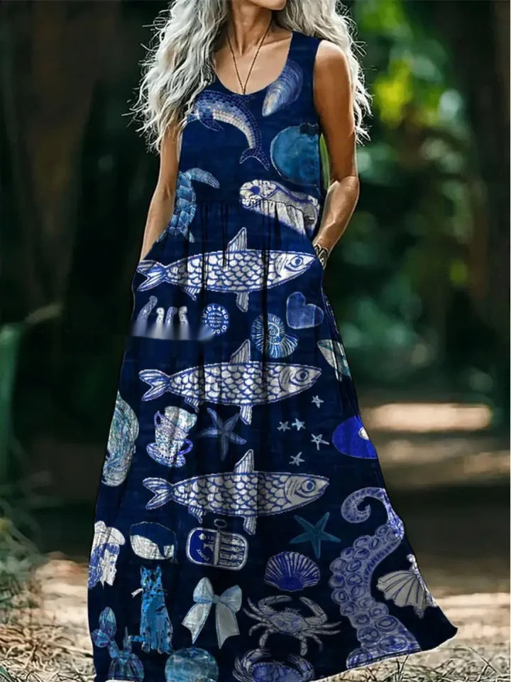 Womens Loose Fit Long Dress With Ocean Floral Print And Large Pockets