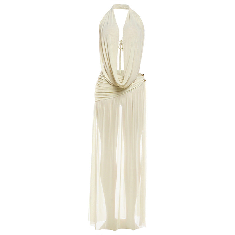Halter Deep V-Neck Backless Top And Sexy High-Slit Maxi Dress Set