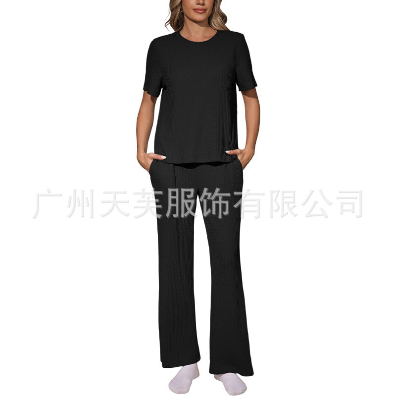 Womens Waffle-Textured Short-Sleeve And Long-Pants Set