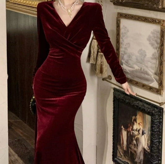 Red SpringAutumn Velvet Dress Velvet Gown