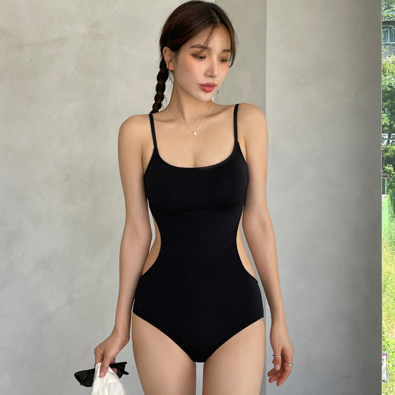 Black Triangle Jumpsuit Suspender Hollow-out Midriff Slim Looking Belly Covering Small Chest Hot Spring