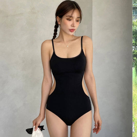 Black Triangle Jumpsuit Suspender Hollow-out Midriff Slim Looking Belly Covering Small Chest Hot Spring