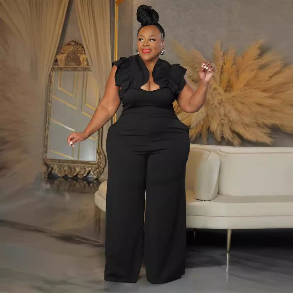 Plus Size Strappy Lace Stretchy Slim Wide Leg Jumpsuit