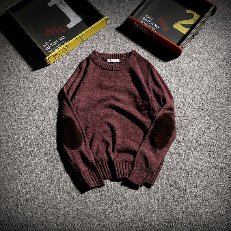 Men's Knitwear Solid Color Patch Handsome Student Crewneck Sweater