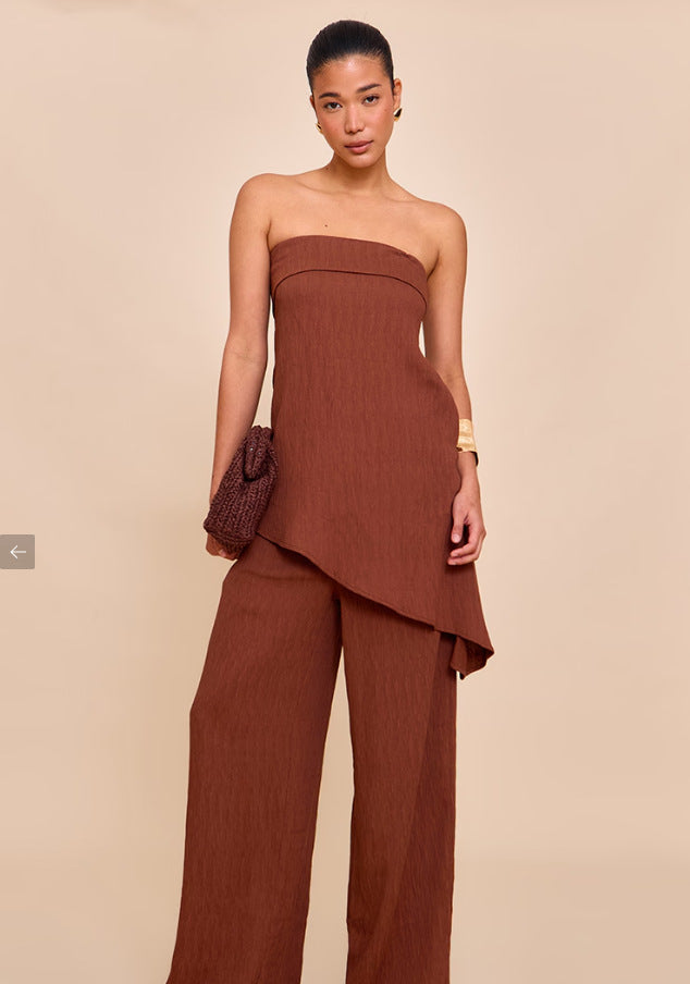 Womens Elegant Sexy Casual Loose Tube Top And Ice Silk Pleated Solid Color Straight Pants Set