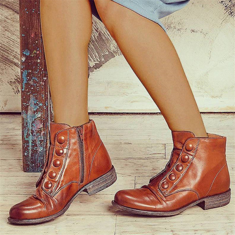 Low Heel Short Side Zip Button Motorcycle Boots