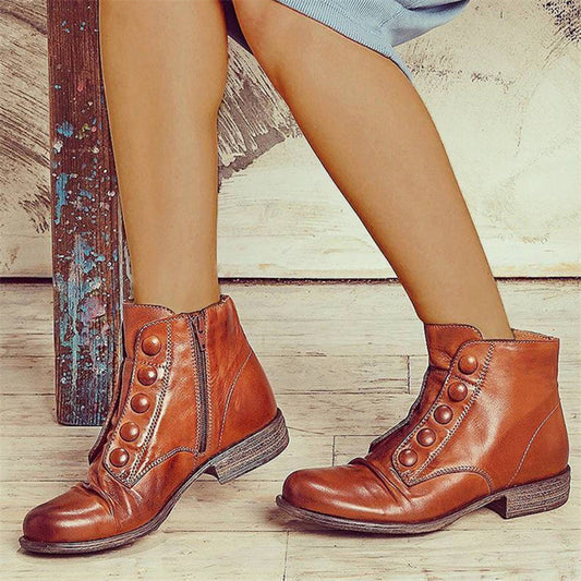 Low Heel Short Side Zip Button Motorcycle Boots