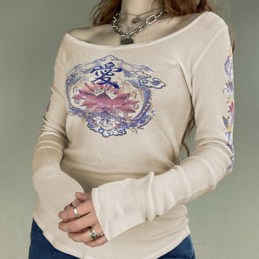Heart Print Round Neck Low Cut Long Sleeve T-shirt Women
