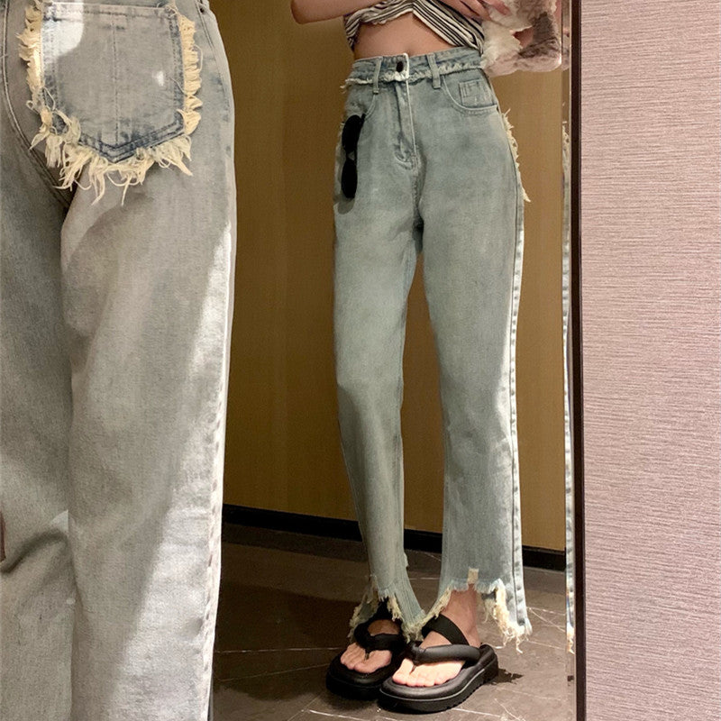 Women's Ripped Raw Fringed Straight Leg Jeans