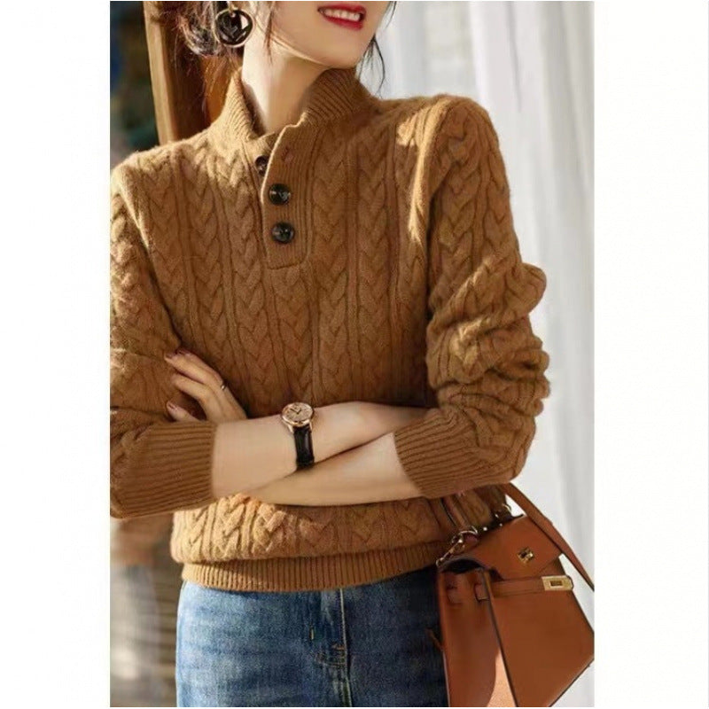 Baseball Collar Twisted String Textured Knitted Sweater For Women