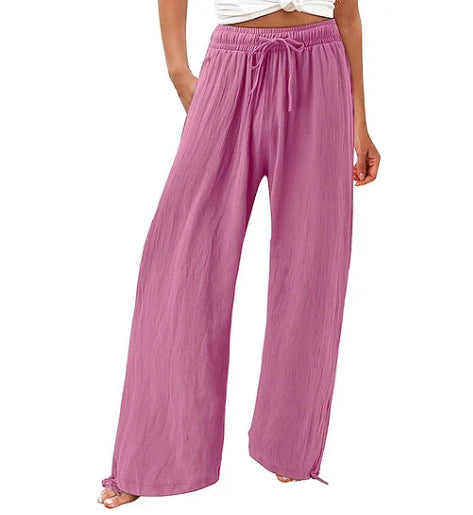Women'S Cotton & Linen Solid Color Wide Leg Casual Pants With Pockets