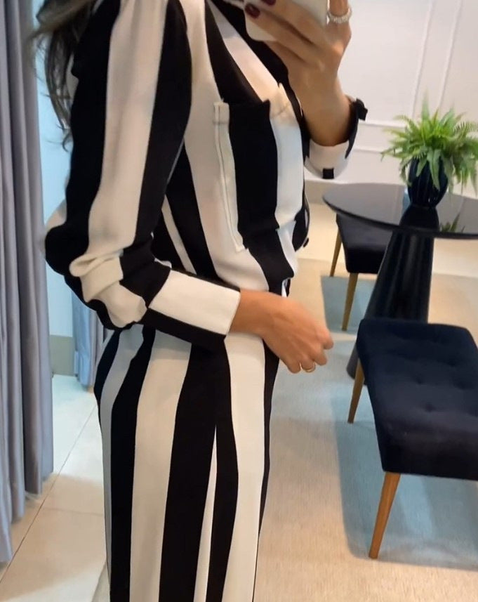 Casual Fashion Black And White Striped Button Pocket Design Shirt Wide Leg Pants Two-piece Set