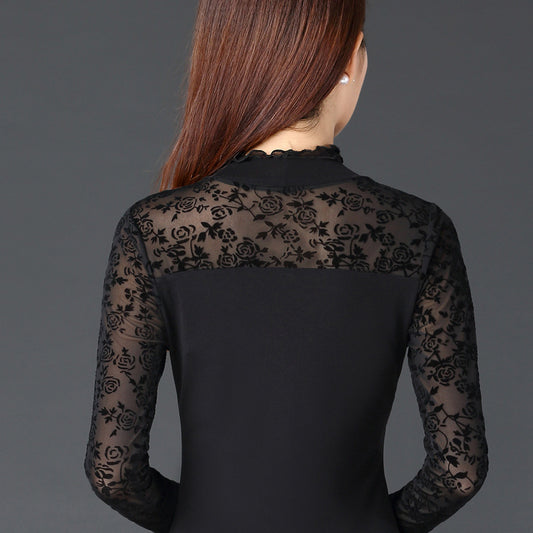 New Fungus Collar Mesh Lace Bottoming Shirt Slim Long-sleeved T-shirt Ladies Top
