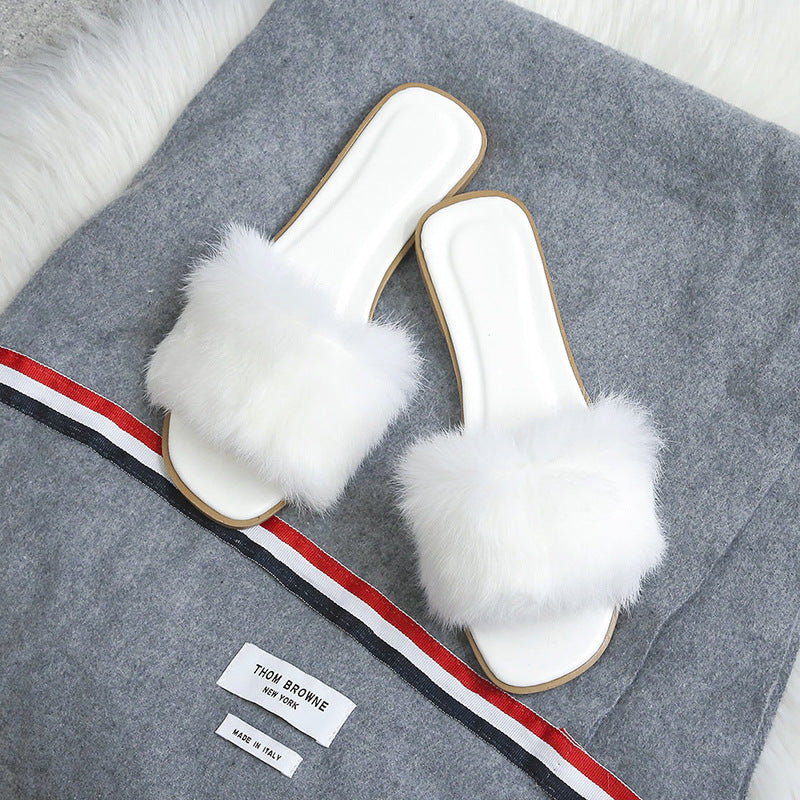 Fashion Rabbit Fur Flat Women's Slippers Plus Size