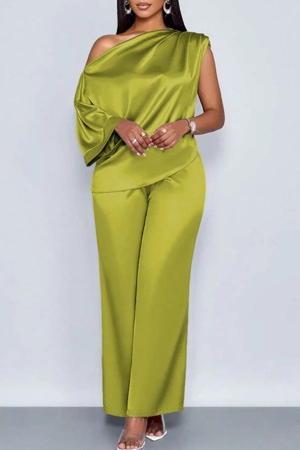 Spot 2026 European And American Cross-border Summer Casual Women's Satin Suit Slanted Collar Short-sleeved Top Trousers Set