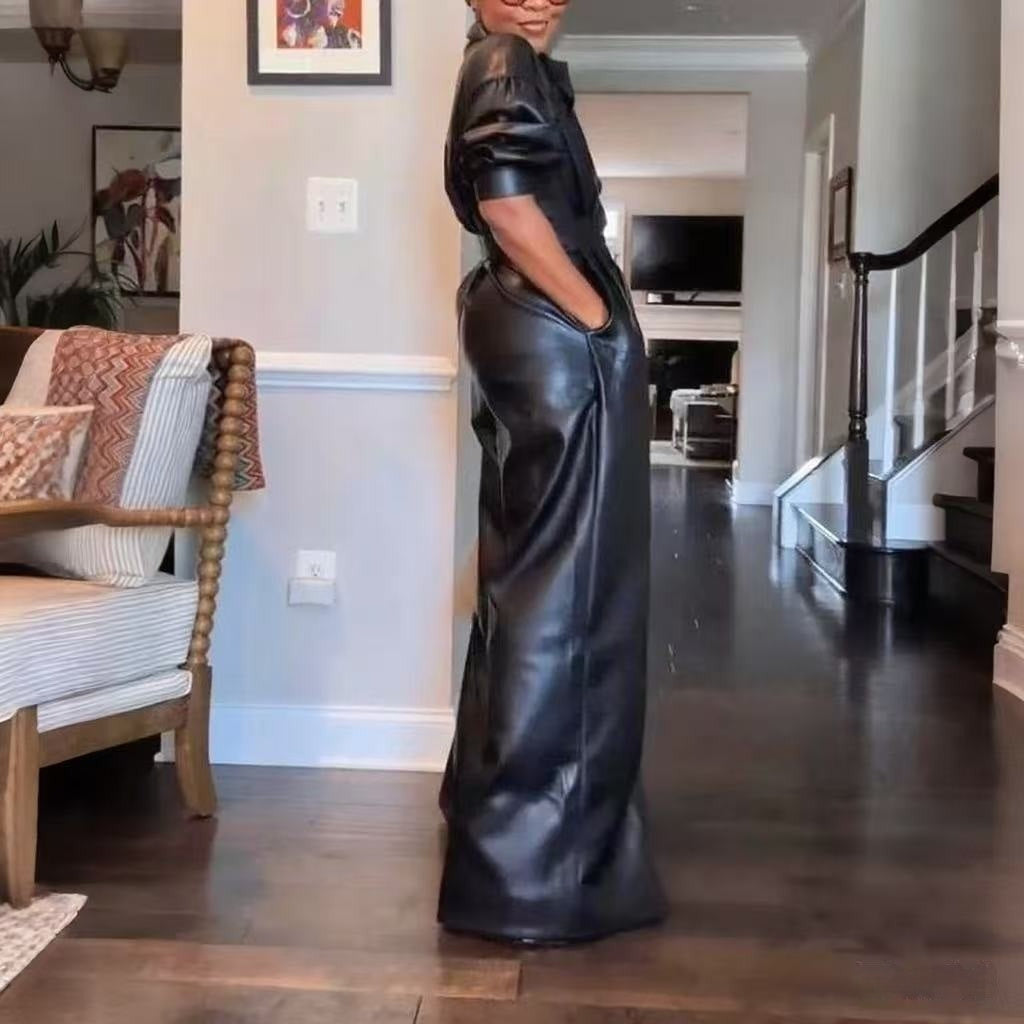 Black Pu Retro Loose Leather Button Pocket Jumpsuit
