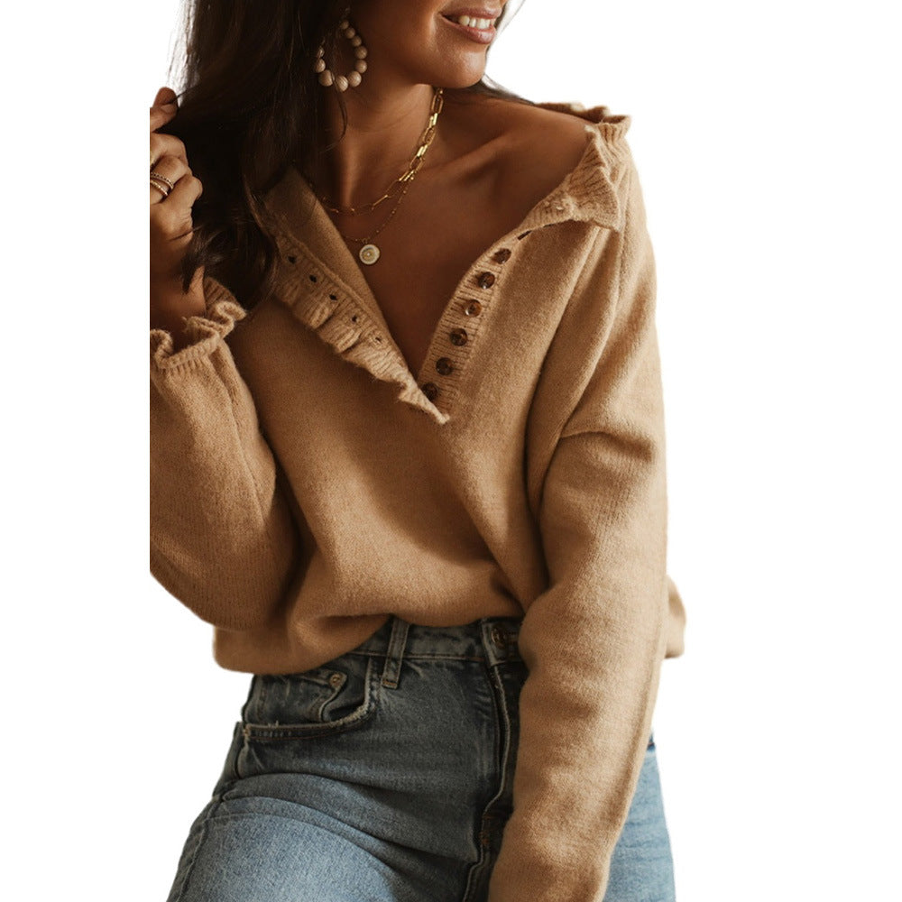New Style Frill Button Knitted Pullover Crew Neck Sweater Women