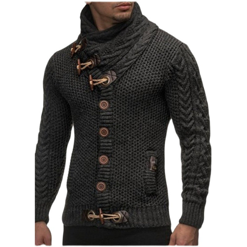 Horn Button Casual Turtleneck Men's Twisted Knitted Cardigan Sweater