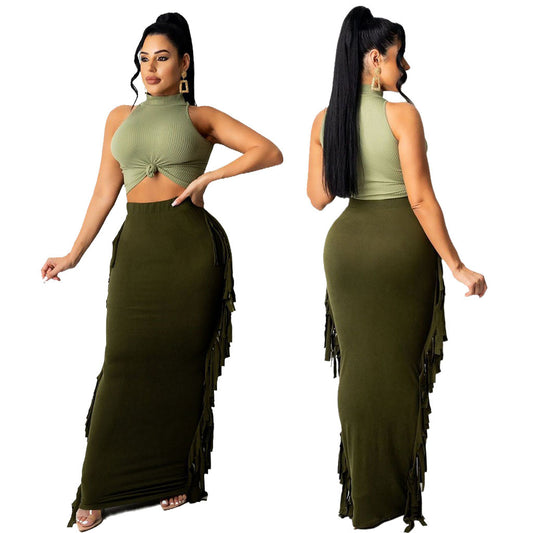 High Quality Brushed Fabric Solid Color Tassel Skirt On Both Sides