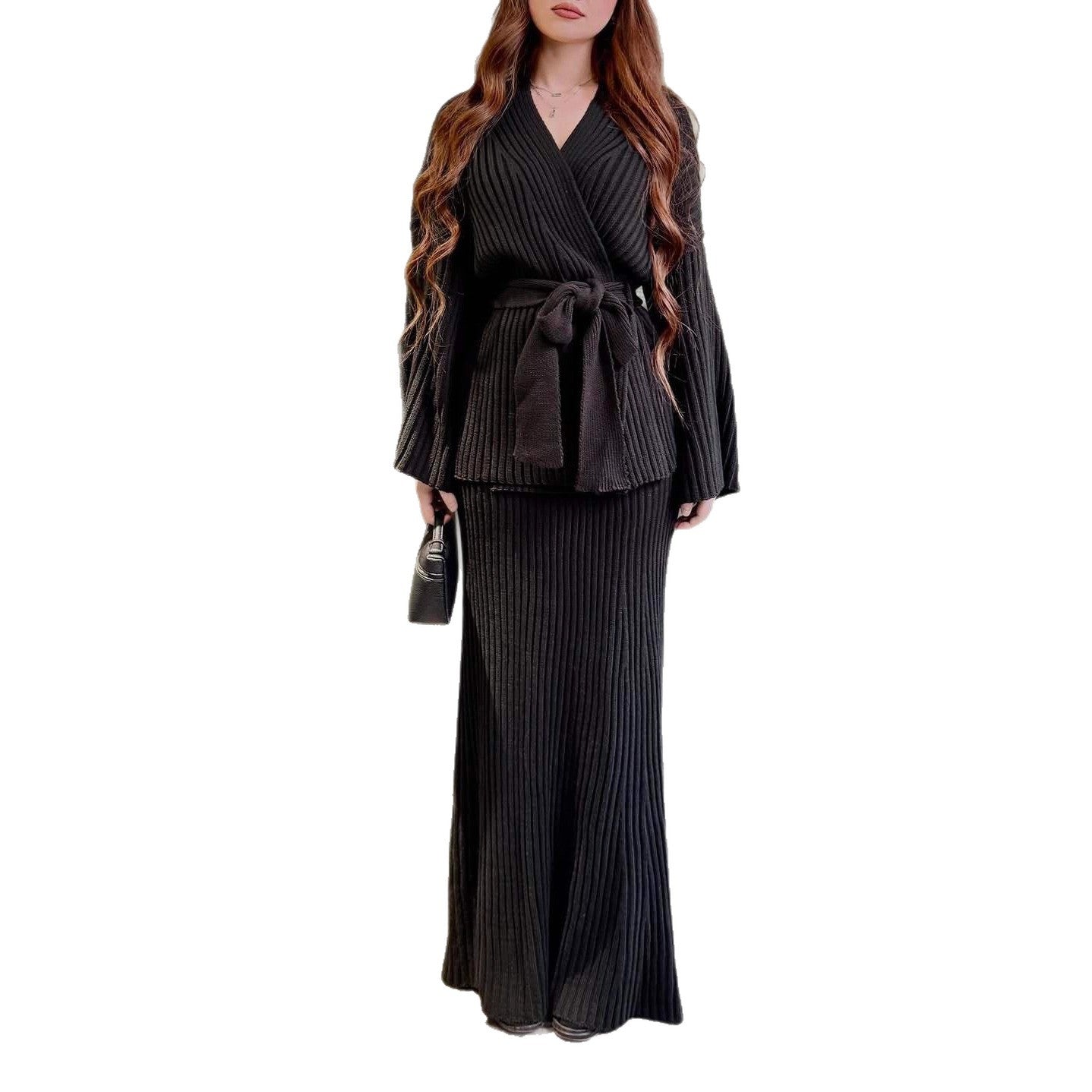 New V-neck Ribbed Sweater Knit Wrap Dress With A Straight Skirt And A Bow Tie