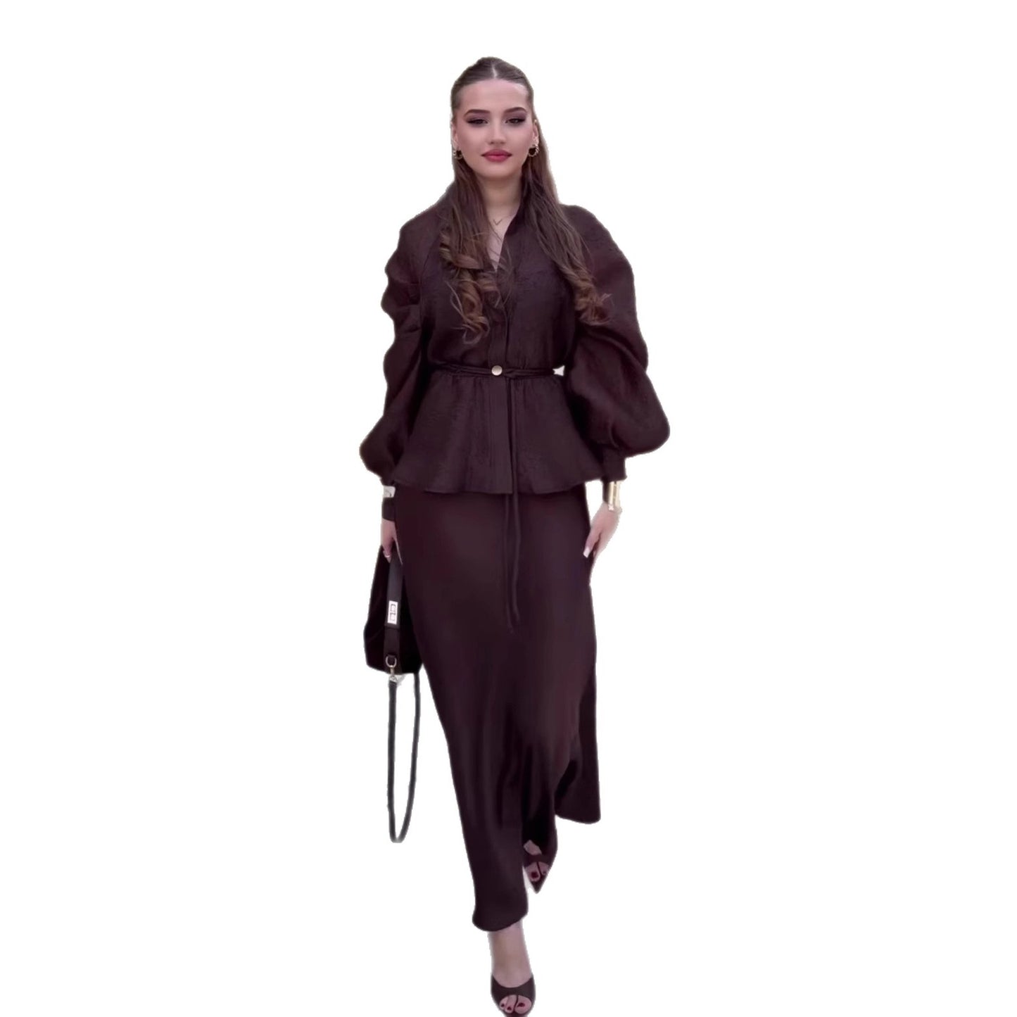 Elegant V-neck Waist-controlled Long Sleeves Cardigan Top High Waist Mid-length Dress Set
