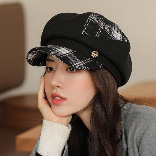 Socialite Color Matching Plaid Octagonal Cap Women's British Newsboy Cap Winter Warm Beret