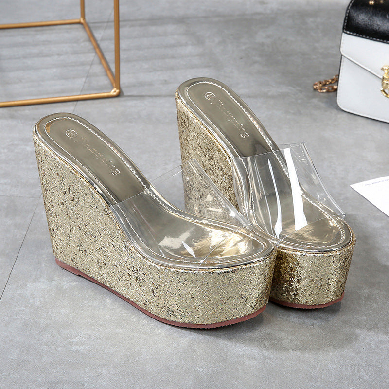New Simple Casual Sequin High Heel Wedge Platform Platform Muffin Sandals