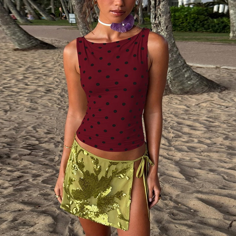 Women's Fashion Dotted Prints Slim Round Neck Sleeveless Top