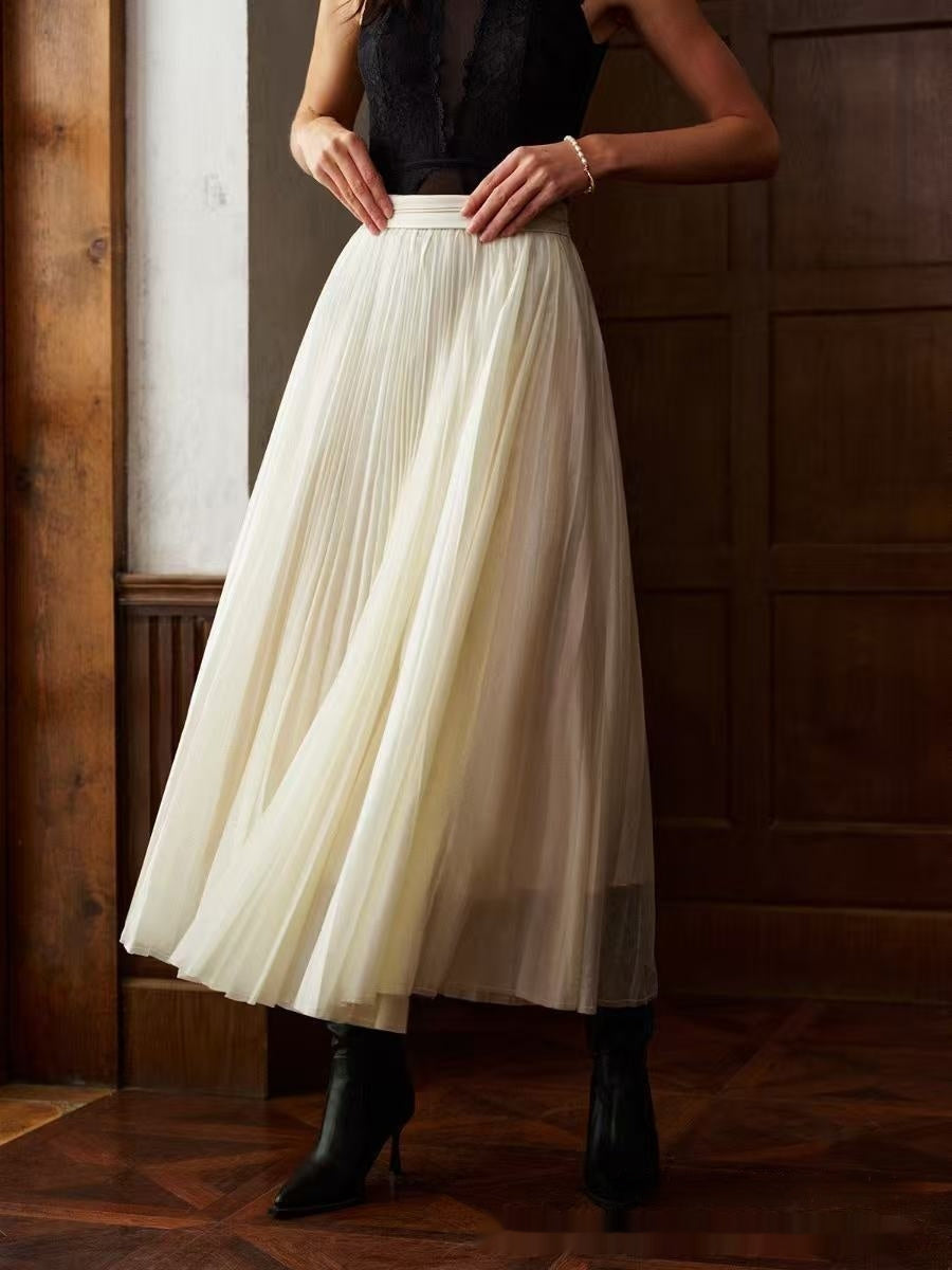 French Style Pleated Stitching High Waist Skirt
