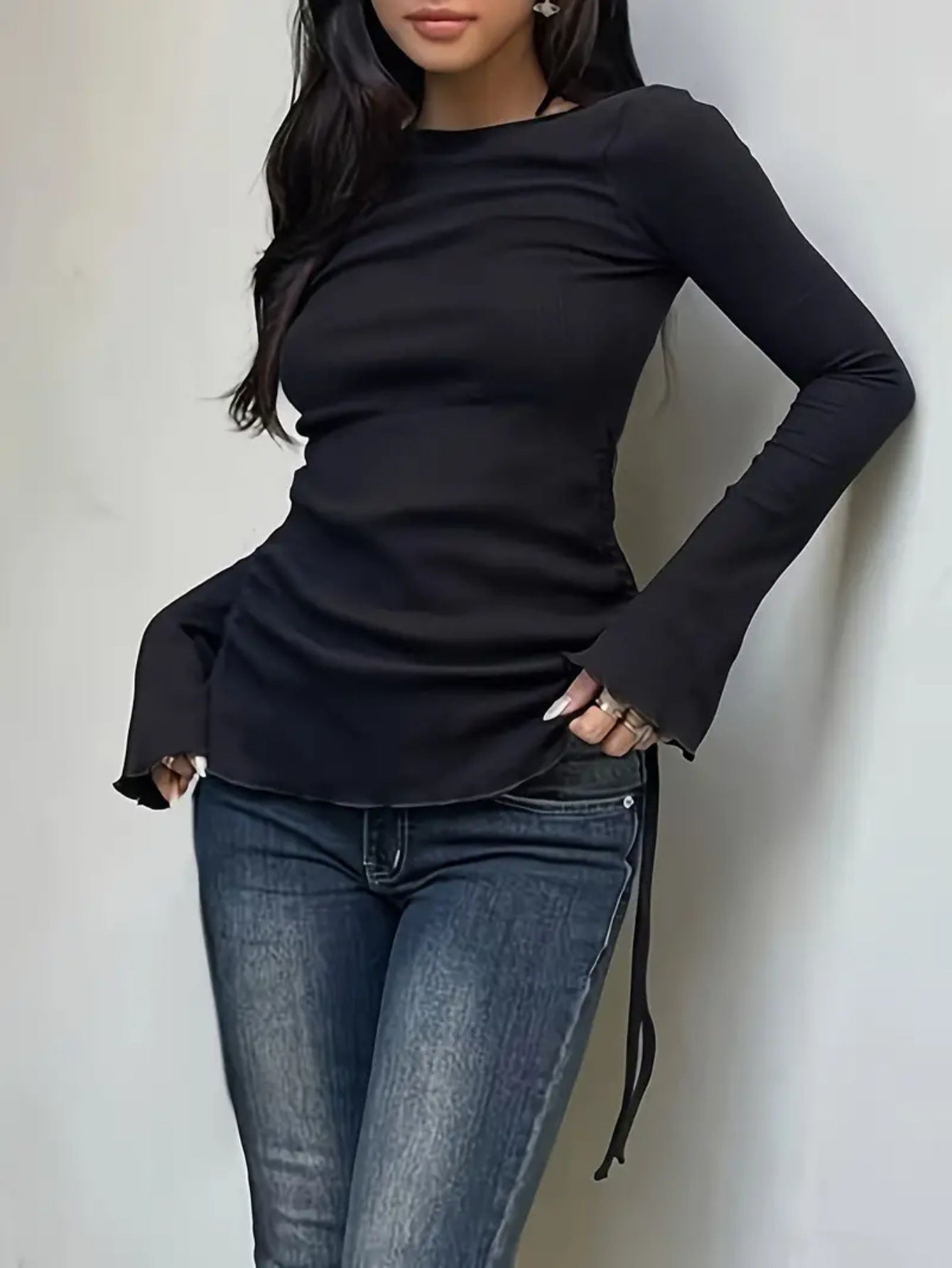 European And American Instagram-style Pure Yet Alluring Lace-up Minimalist Long-sleeve Drawstring Top