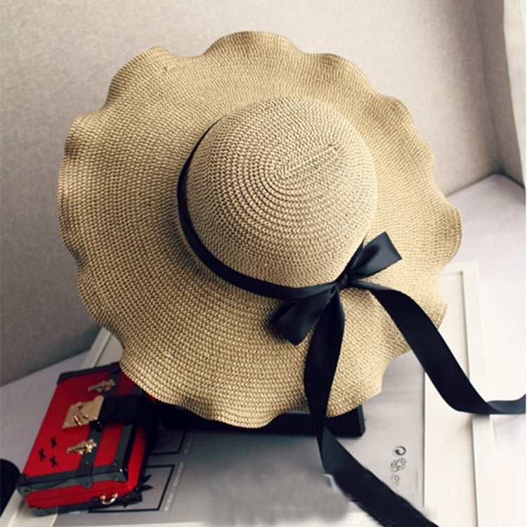 Bow Wavy Brim Hat Seaside Beach Ladies Foldable