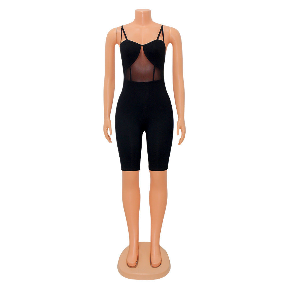 Women's Skinny Mesh Panel Suspender Jumpsuit