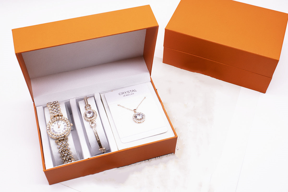 Rhinestone Watch Set With Bracelet And Necklace 3-piece