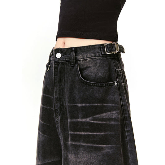 American Retro Denim Cropped Pants Washed Cat Beard Pattern