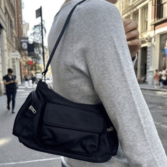 Black Nylon Underarm Shoulder American Retro Bm Versatile Double Pocket Bag