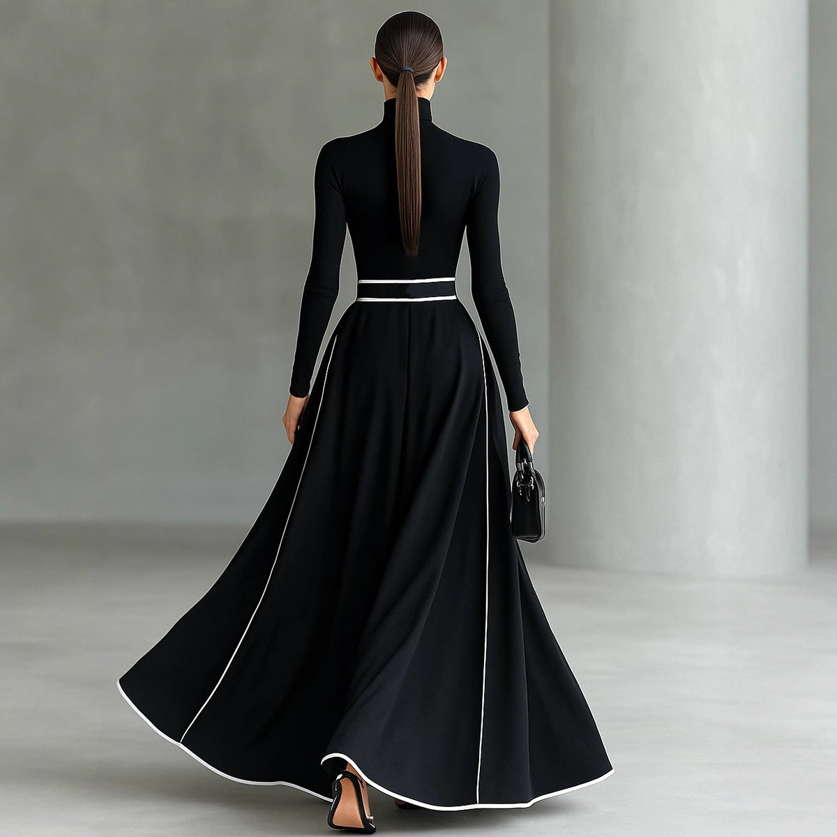 Womens High-neck Long-sleeve Form-fitting Dress With A Waist Belt