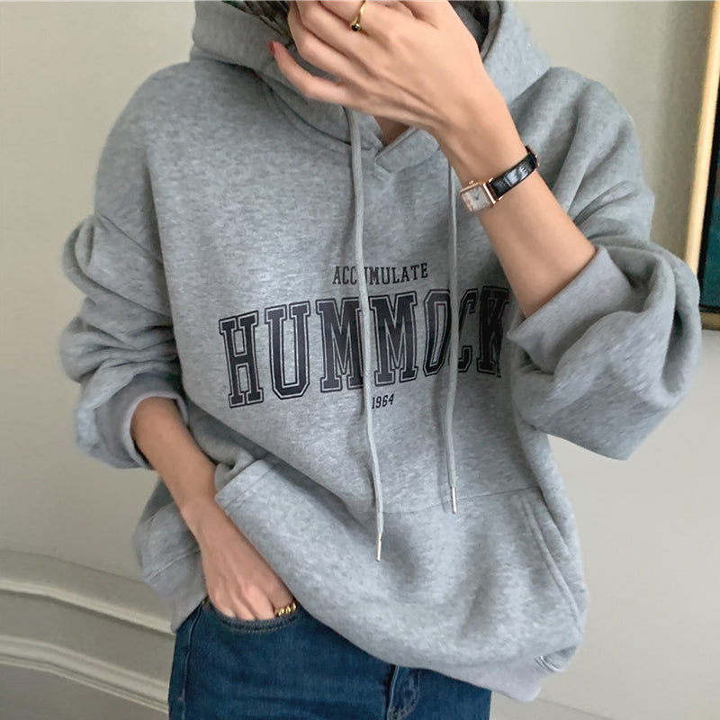 Women's Niche Alphabet Print Plus Fleece Loose Hooded Pullover Sweater