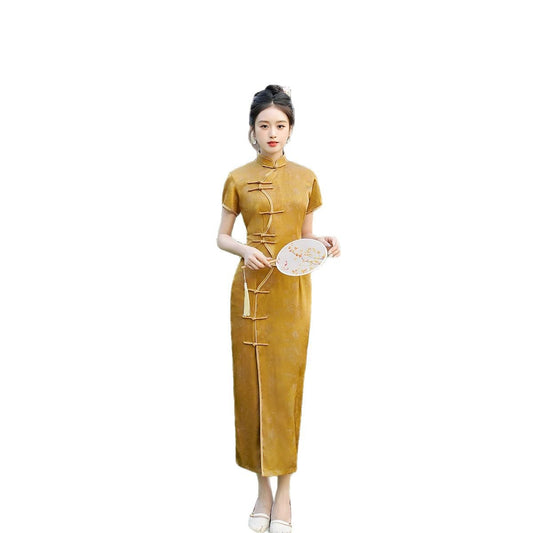 Elegant Cheongsam Maxi Dress Chic One-piece Dress Affordable Vintage-style Performance Outfit For Moms