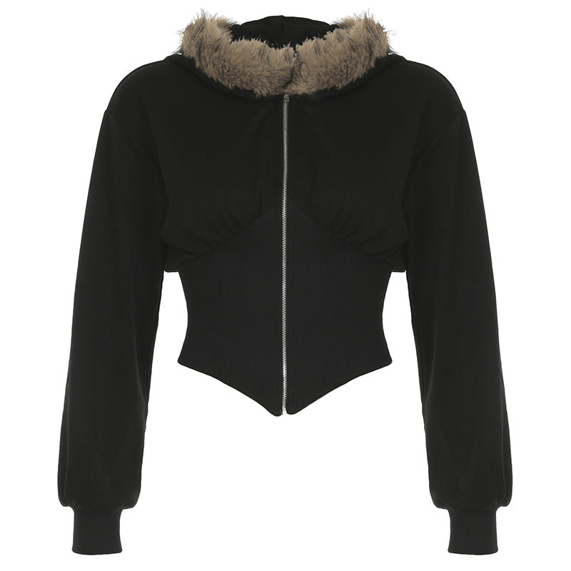Cardigan til kvinder med pelskrave, syninger og hætte