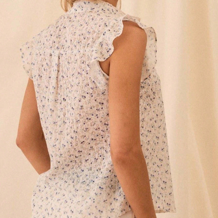Womens Printed Floral Lace-Patchwork Cap Sleeve Shirt