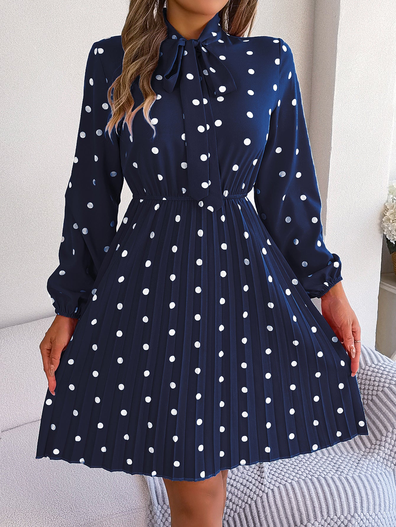 Women's Polka Dot Tie-Waist Long Sleeve Pleated Maxi Dress