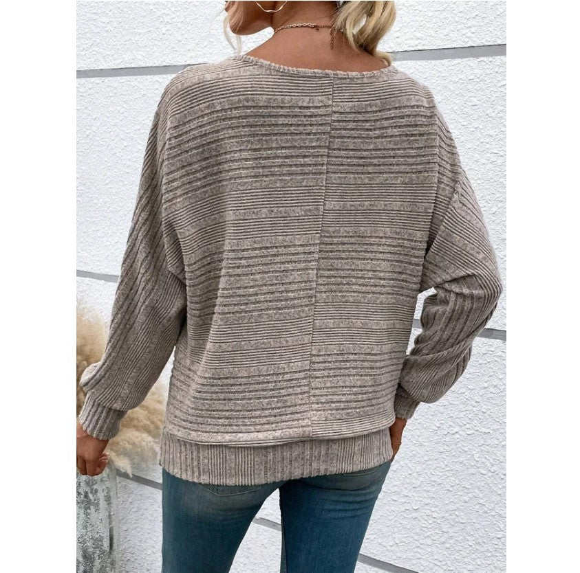 Ensfarvet Stribet Batwing-ærmer T-shirt Mode Casual Pullover Rund Hals Langærmet Top Forår Og Efterår Dametøj