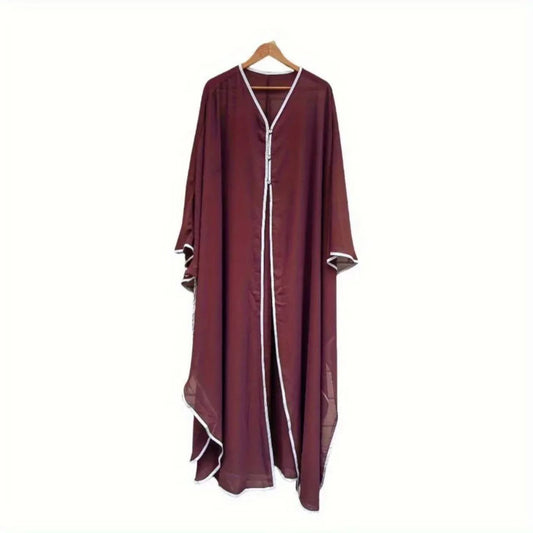 Elegant Long Robe With Batwing Sleeves And White Trim