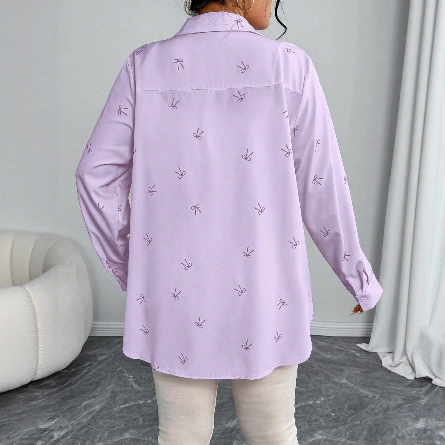 New Plus Size Womens Shirt Jacket With Bow Tie And Print Long Sleeve Top